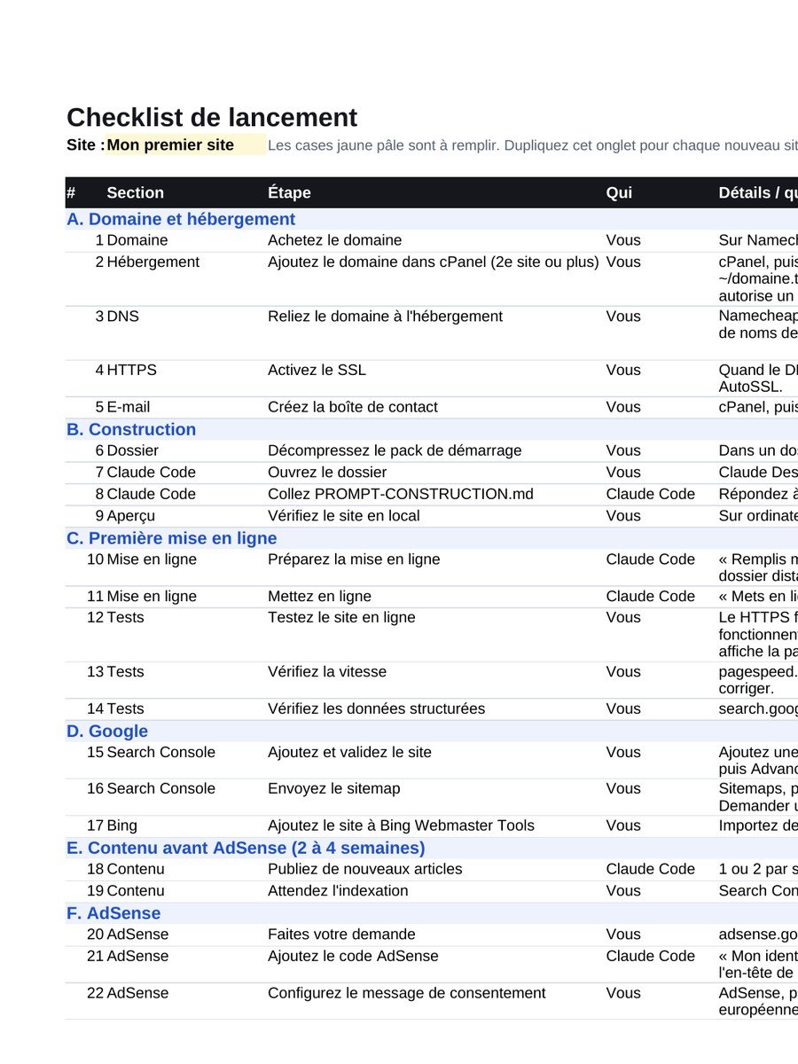 Onglet checklist de lancement du tableur guide